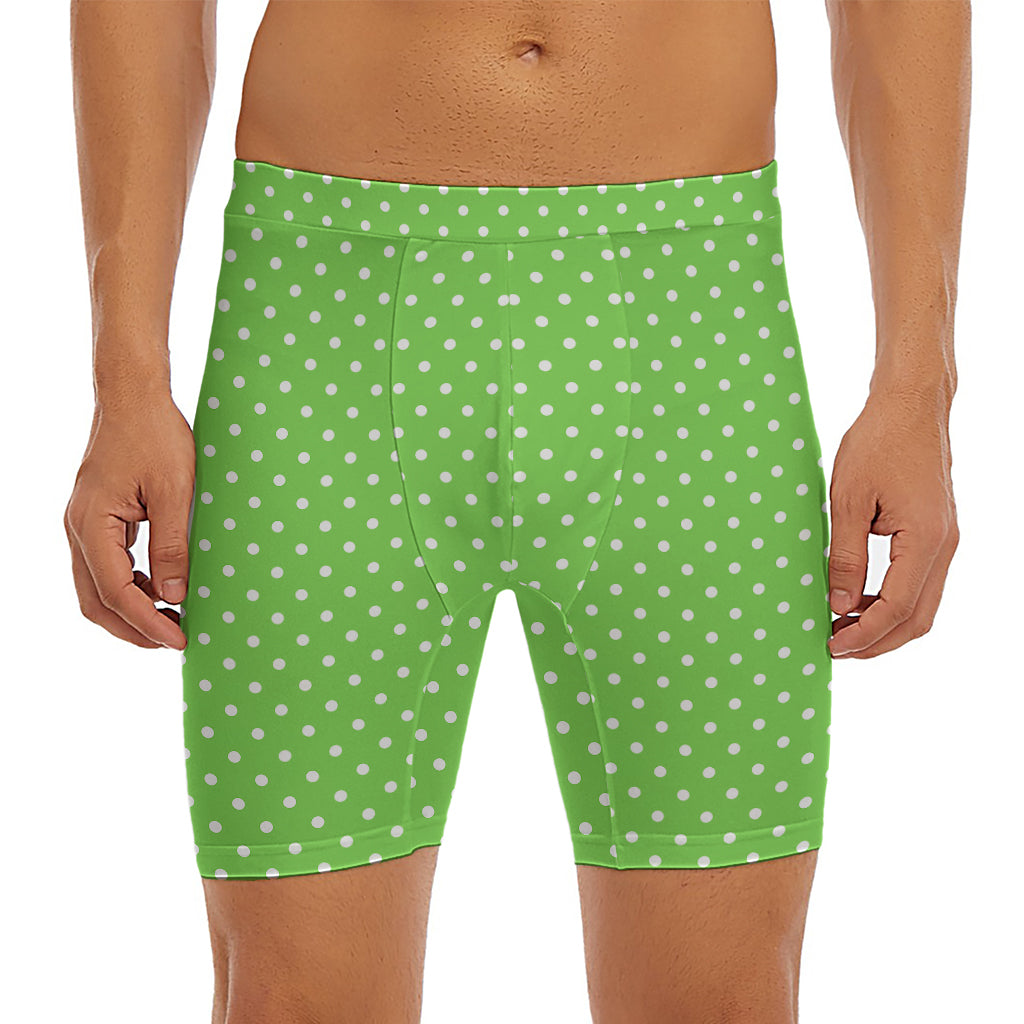 Lime Green And White Polka Dot Print Men's Long Boxer Briefs