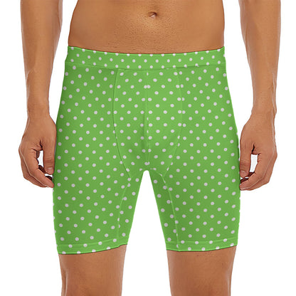 Lime Green And White Polka Dot Print Men's Long Boxer Briefs