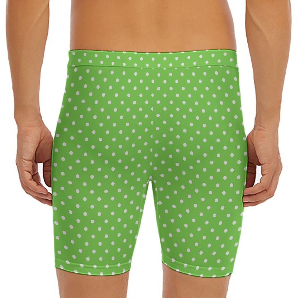 Lime Green And White Polka Dot Print Men's Long Boxer Briefs