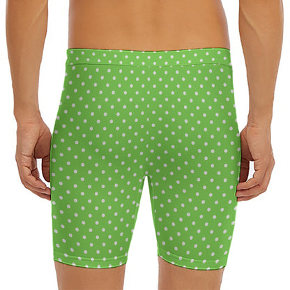 Lime Green And White Polka Dot Print Men's Long Boxer Briefs