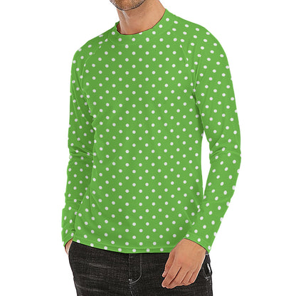 Lime Green And White Polka Dot Print Men's Long Sleeve Rash Guard