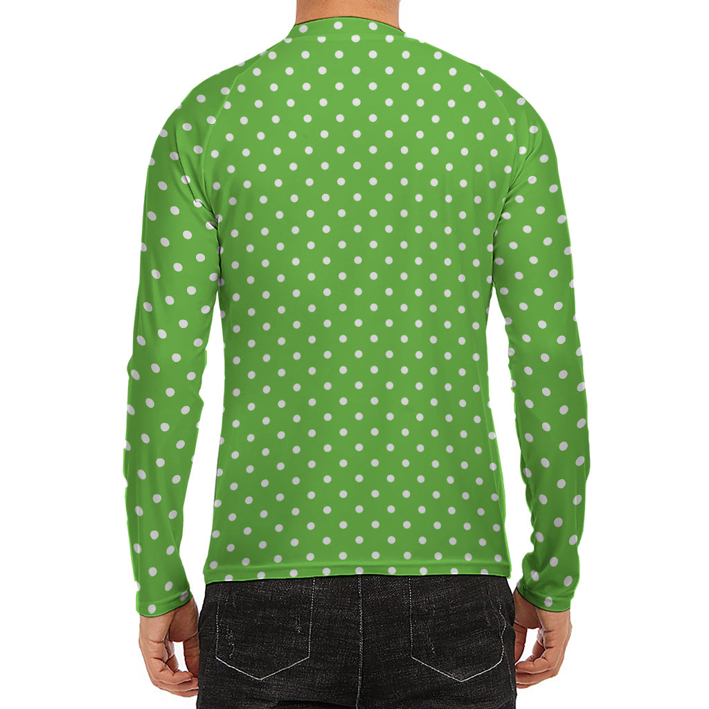 Lime Green And White Polka Dot Print Men's Long Sleeve Rash Guard
