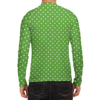 Lime Green And White Polka Dot Print Men's Long Sleeve Rash Guard