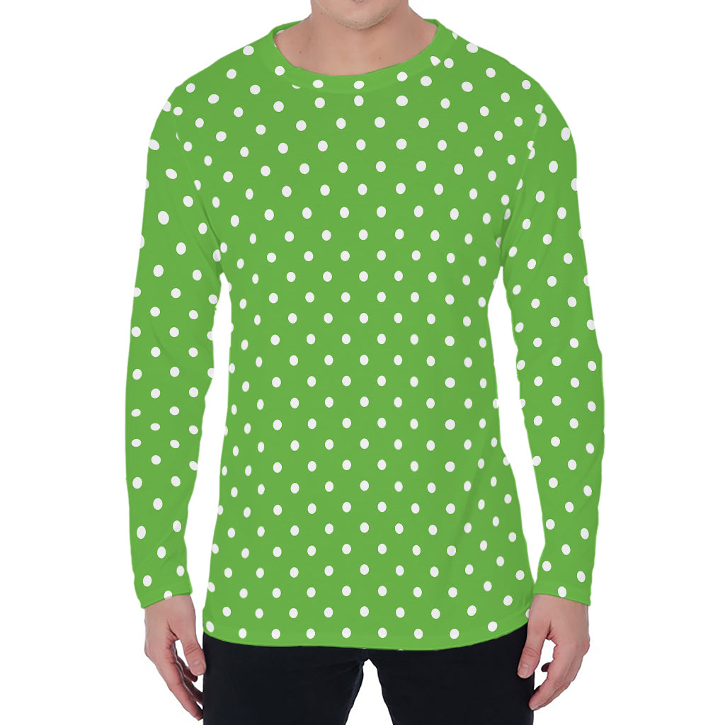 Lime Green And White Polka Dot Print Men's Long Sleeve T-Shirt