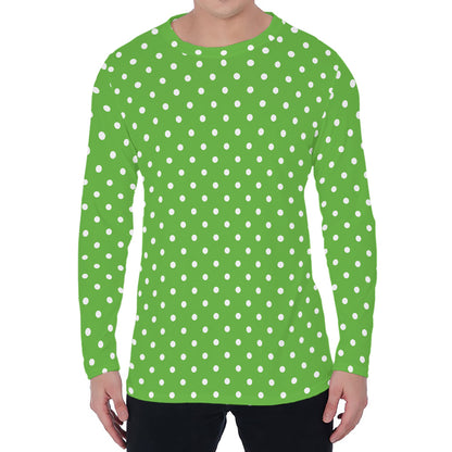 Lime Green And White Polka Dot Print Men's Long Sleeve T-Shirt