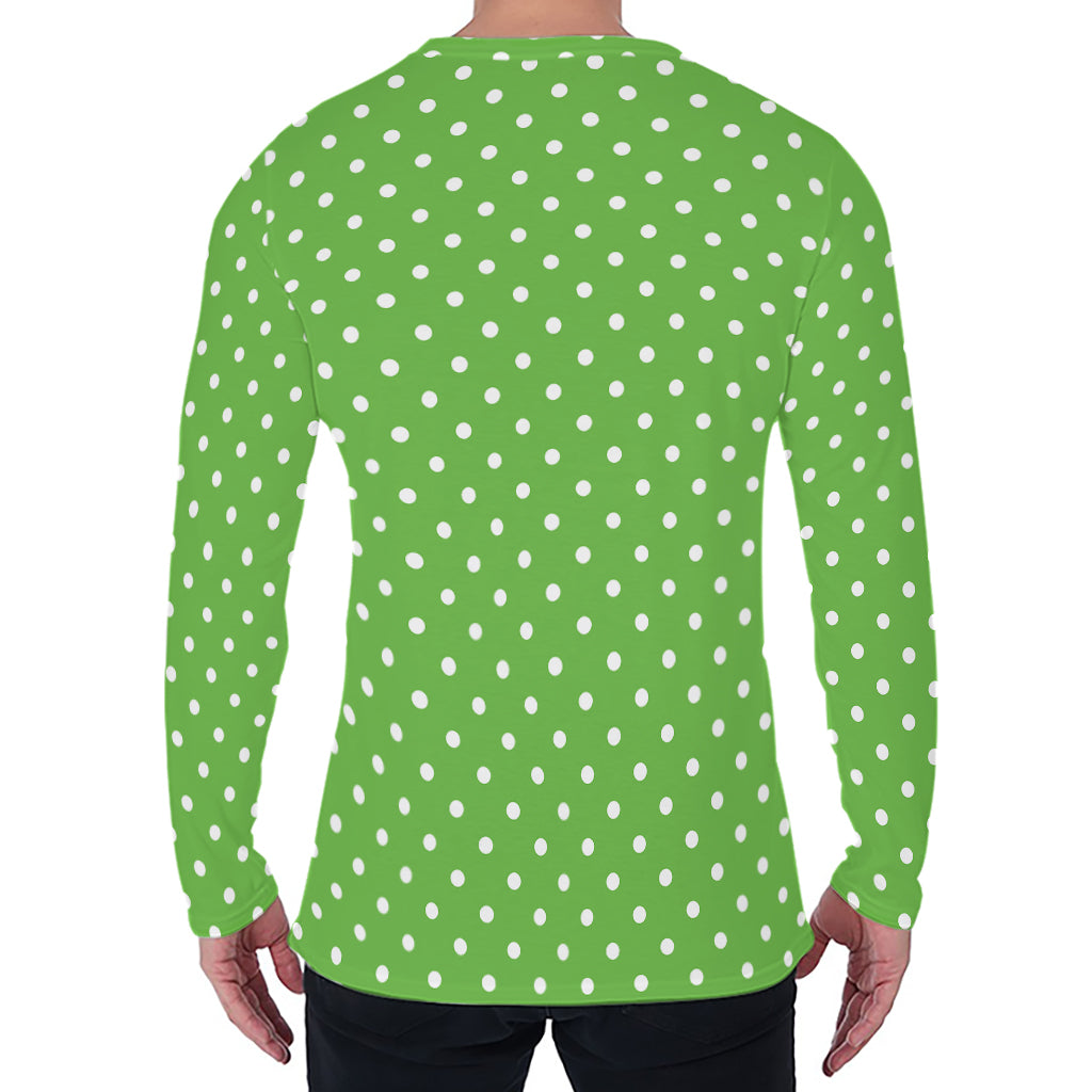 Lime Green And White Polka Dot Print Men's Long Sleeve T-Shirt