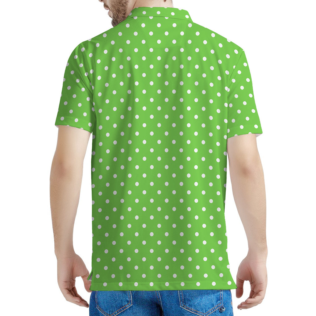 Lime Green And White Polka Dot Print Men's Polo Shirt
