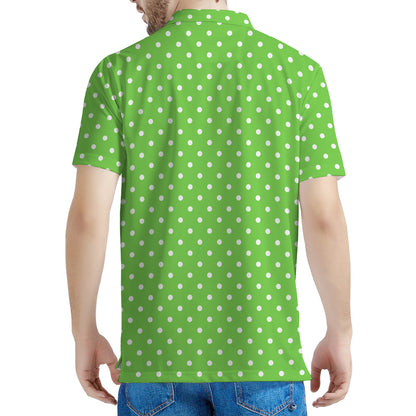 Lime Green And White Polka Dot Print Men's Polo Shirt