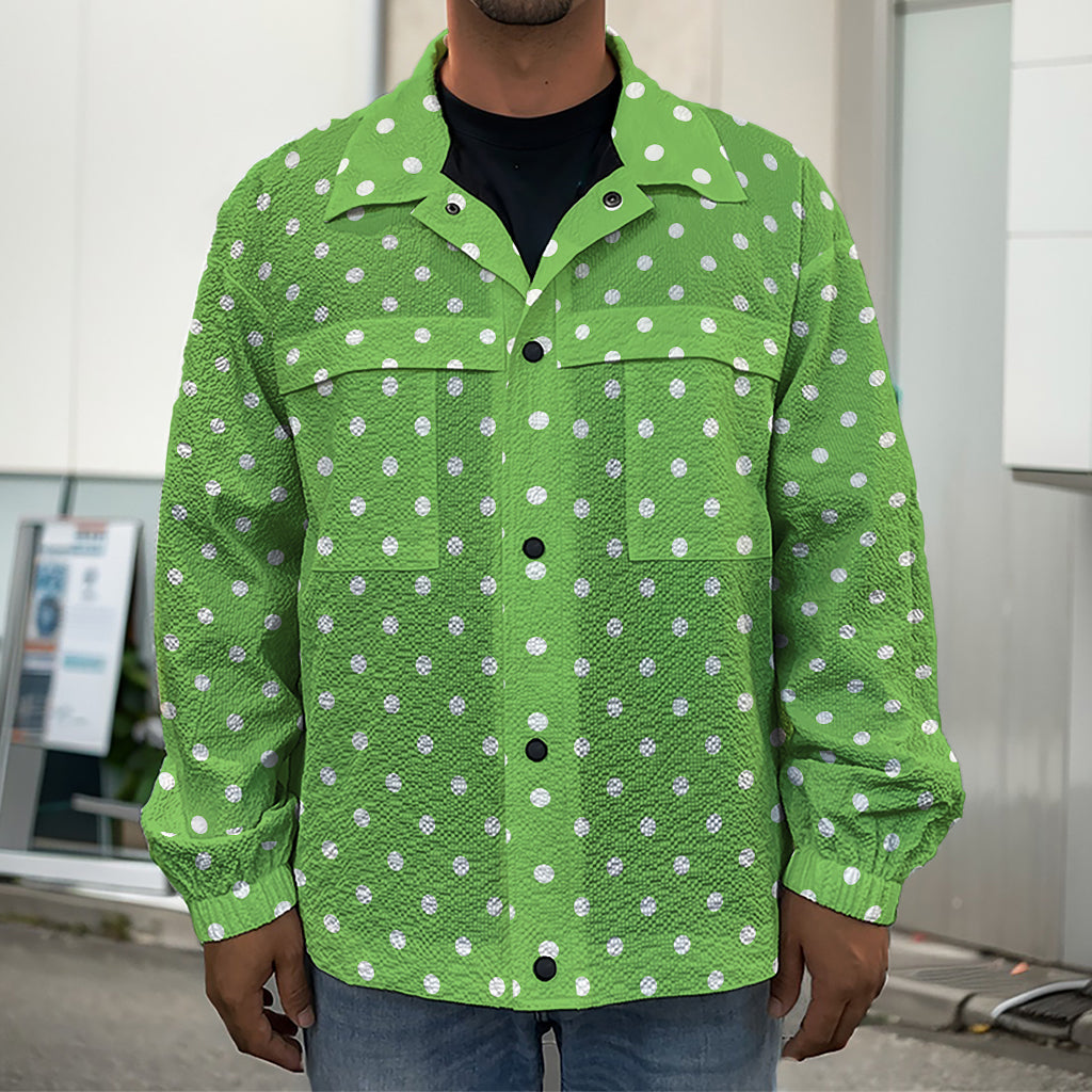 Lime Green And White Polka Dot Print Men's Shirt Jacket