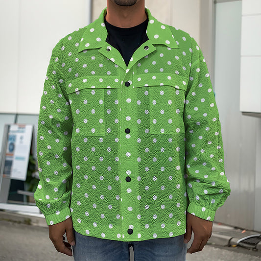 Lime Green And White Polka Dot Print Men's Shirt Jacket