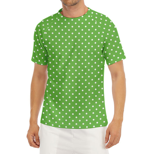 Lime Green And White Polka Dot Print Men's Short Sleeve Rash Guard