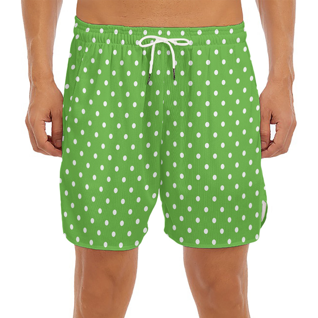 Lime Green And White Polka Dot Print Men's Split Running Shorts