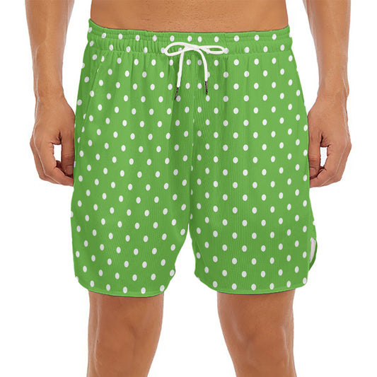 Lime Green And White Polka Dot Print Men's Split Running Shorts
