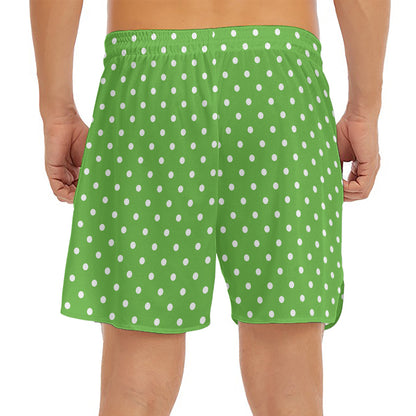 Lime Green And White Polka Dot Print Men's Split Running Shorts