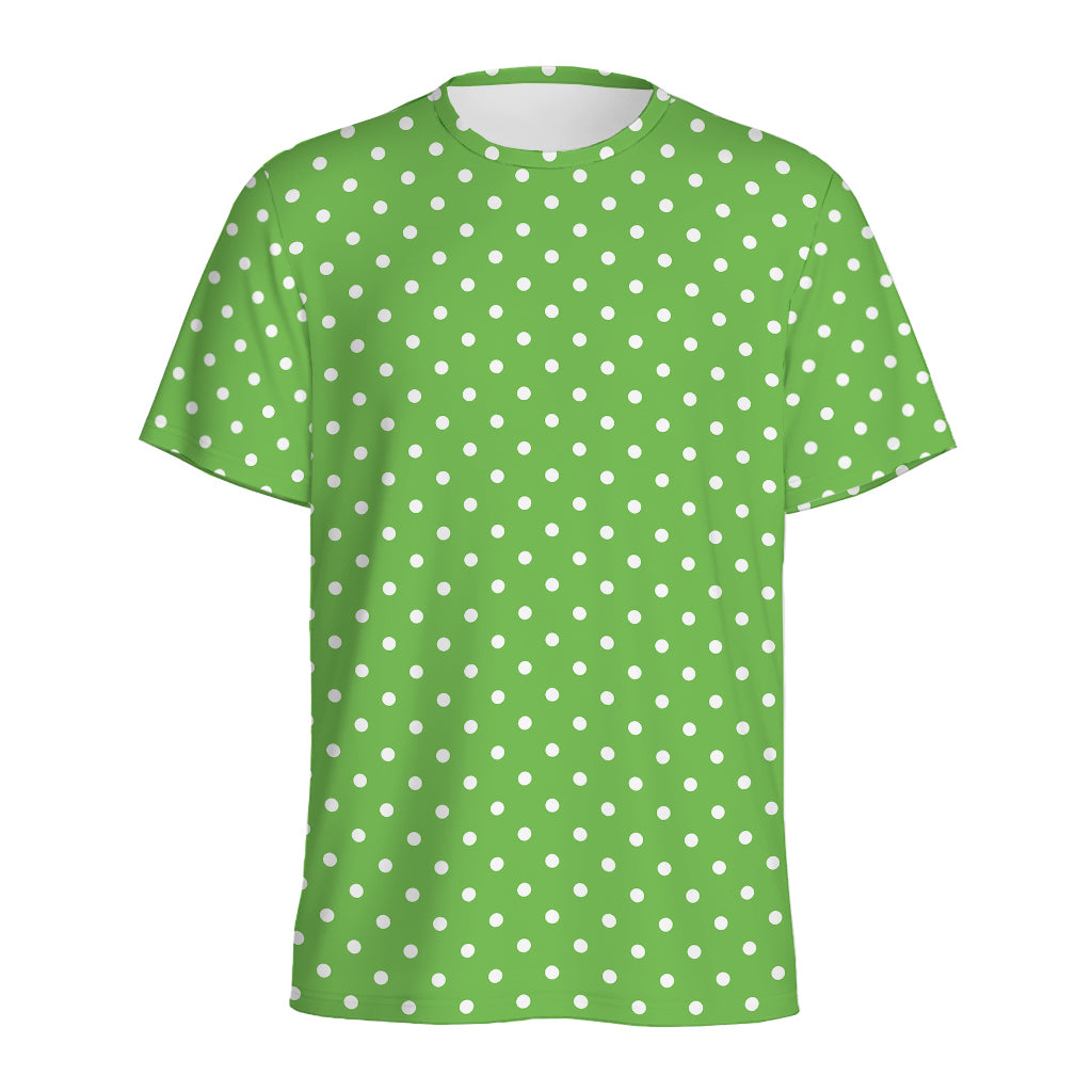 Lime Green And White Polka Dot Print Men's Sports T-Shirt