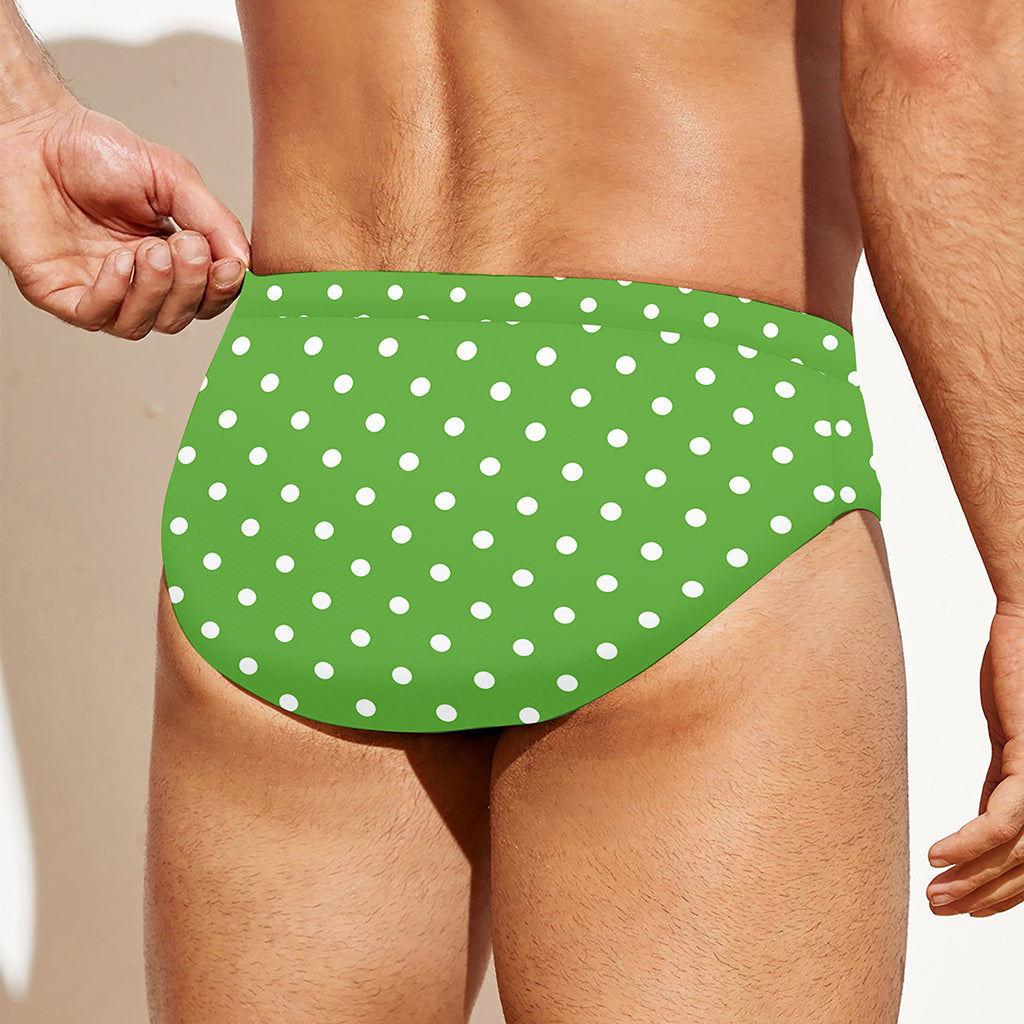 Lime Green And White Polka Dot Print Men's Swim Briefs