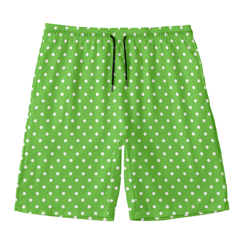 Lime Green And White Polka Dot Print Men's Swim Trunks