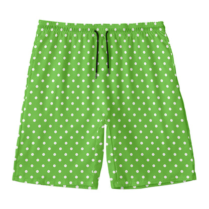 Lime Green And White Polka Dot Print Men's Swim Trunks