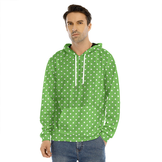 Lime Green And White Polka Dot Print Men's Velvet Pullover Hoodie