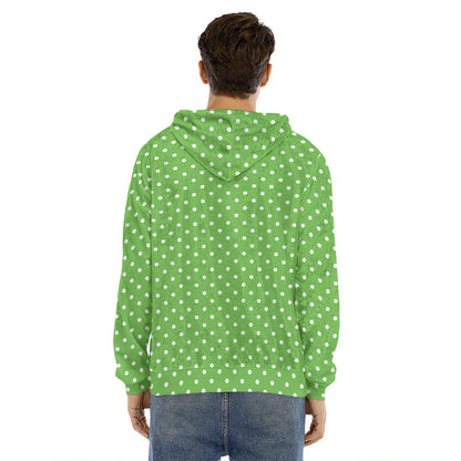 Lime Green And White Polka Dot Print Men's Velvet Pullover Hoodie