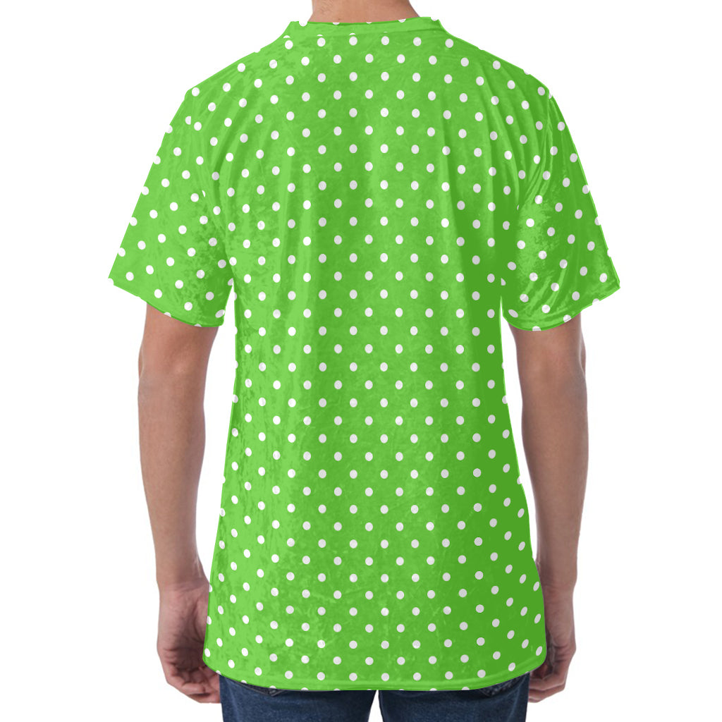 Lime Green And White Polka Dot Print Men's Velvet T-Shirt