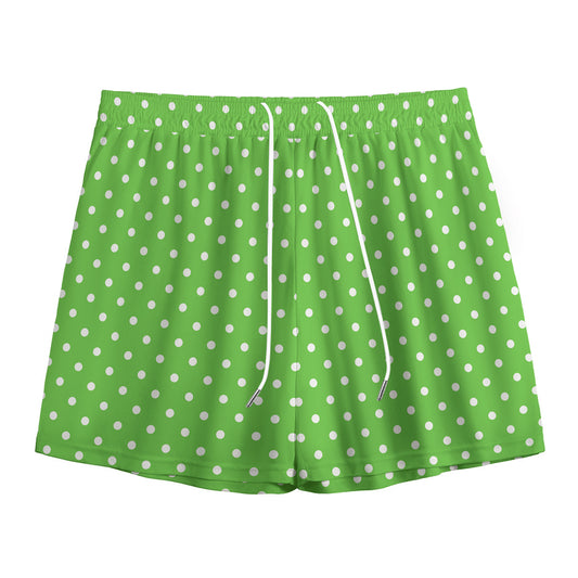 Lime Green And White Polka Dot Print Mesh Shorts