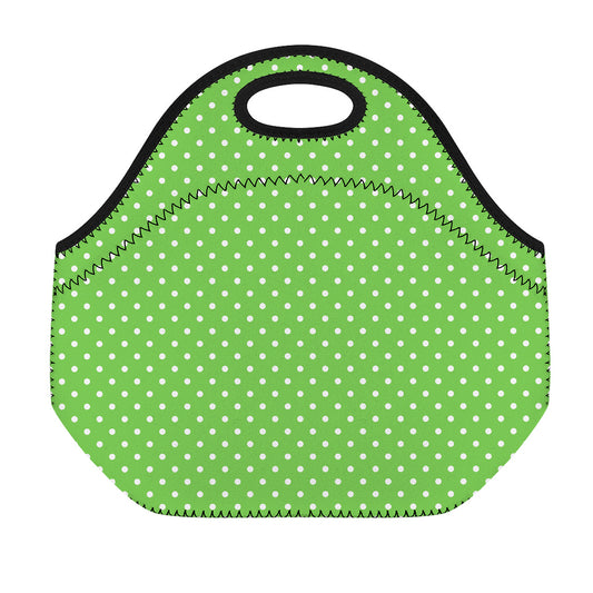 Lime Green And White Polka Dot Print Neoprene Lunch Bag