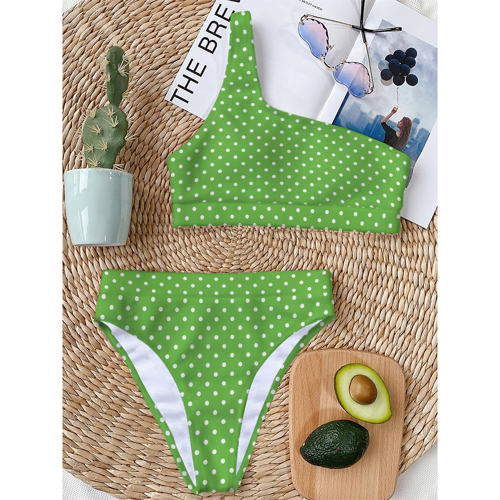 Lime Green And White Polka Dot Print One Shoulder Bikini Top