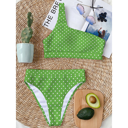 Lime Green And White Polka Dot Print One Shoulder Bikini Top