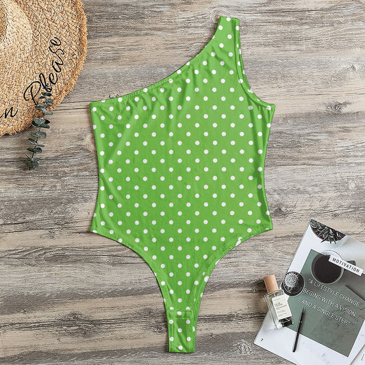 Lime Green And White Polka Dot Print One Shoulder Bodysuit