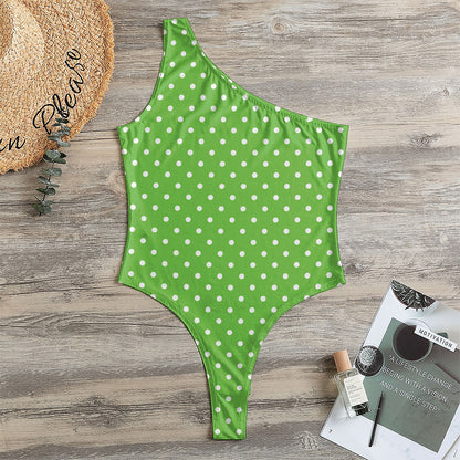 Lime Green And White Polka Dot Print One Shoulder Bodysuit