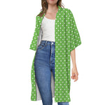 Lime Green And White Polka Dot Print Open Front Beach Cover Up