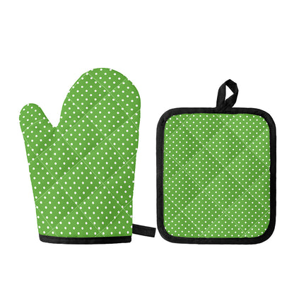 Lime Green And White Polka Dot Print Oven Mitt And Pot Holder Set