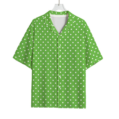 Lime Green And White Polka Dot Print Rayon Hawaiian Shirt