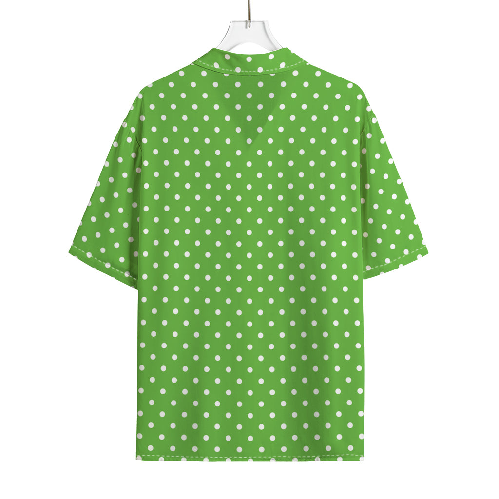 Lime Green And White Polka Dot Print Rayon Hawaiian Shirt