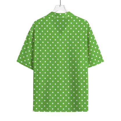 Lime Green And White Polka Dot Print Rayon Hawaiian Shirt