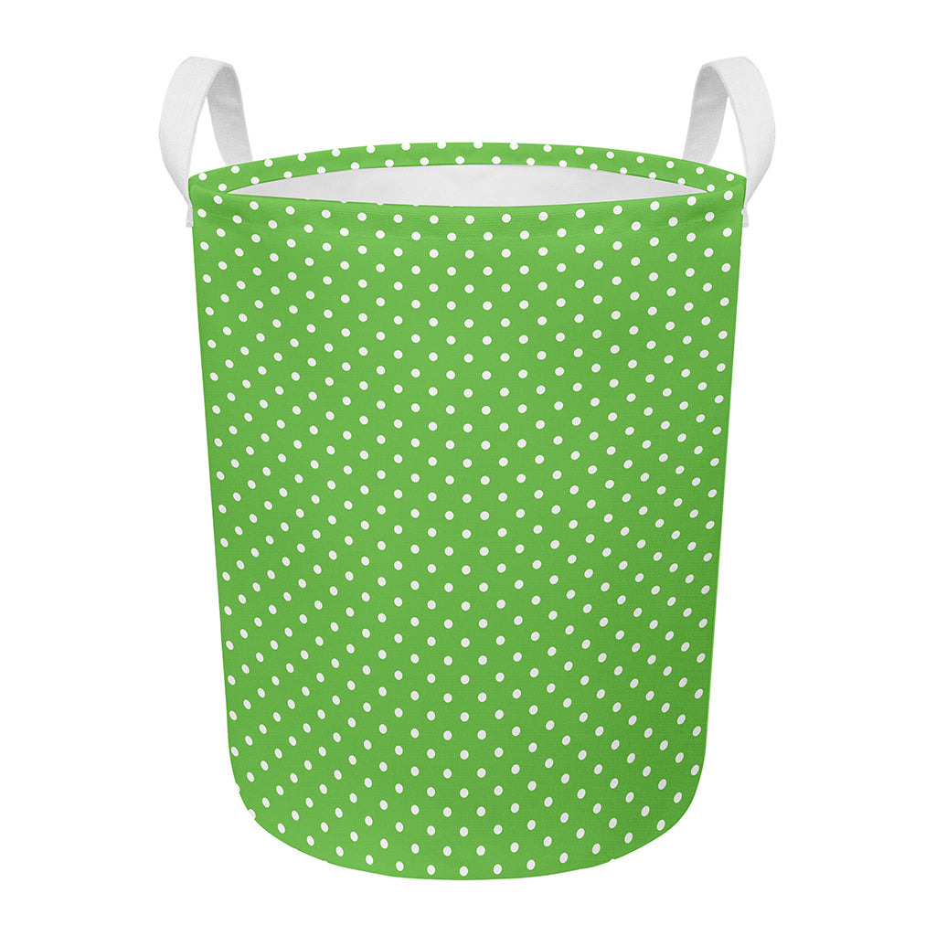 Lime Green And White Polka Dot Print Round Laundry Basket