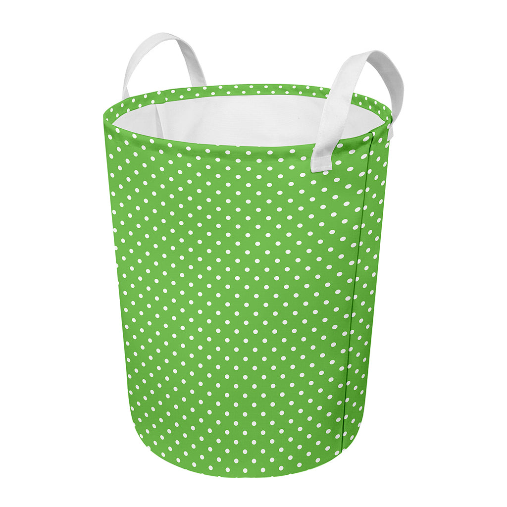 Lime Green And White Polka Dot Print Round Laundry Basket