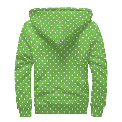 Lime Green And White Polka Dot Print Sherpa Lined Zip Up Hoodie