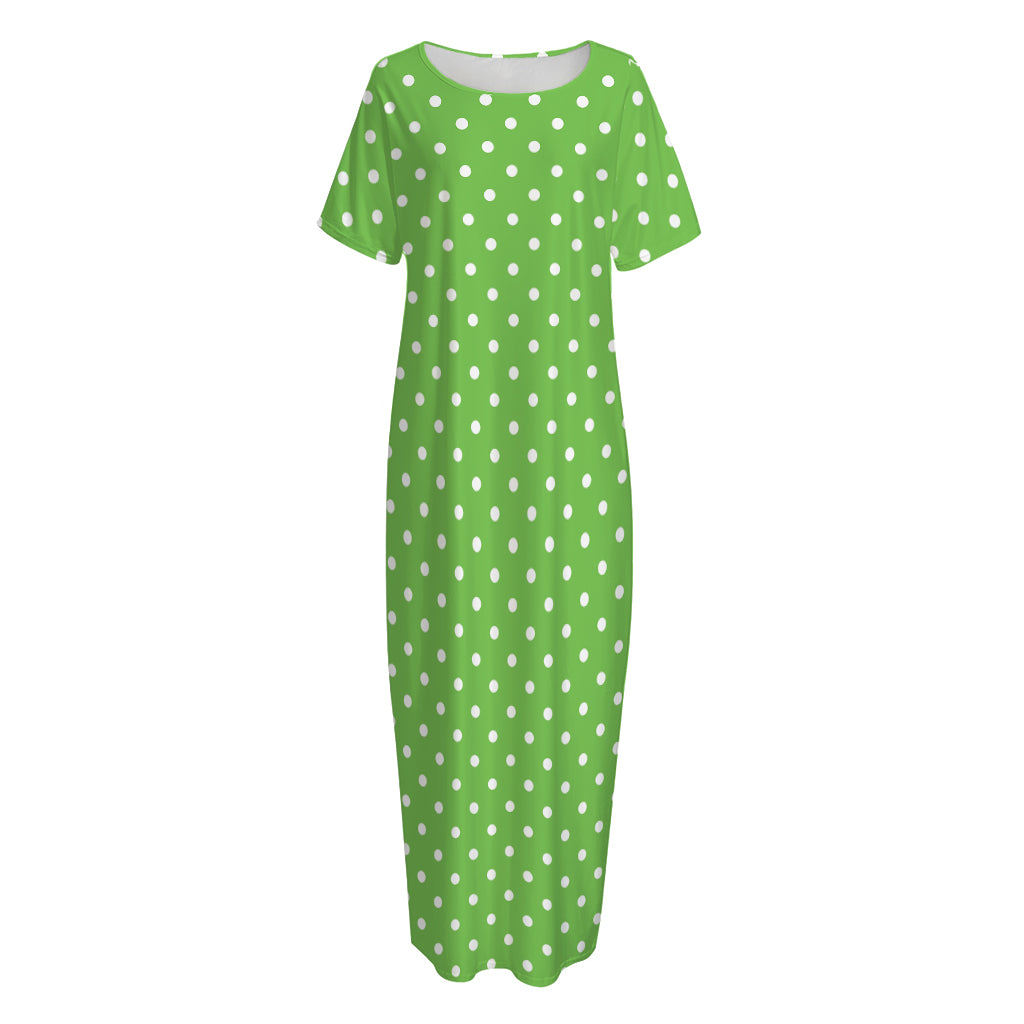 Lime Green And White Polka Dot Print Short Sleeve Long Nightdress