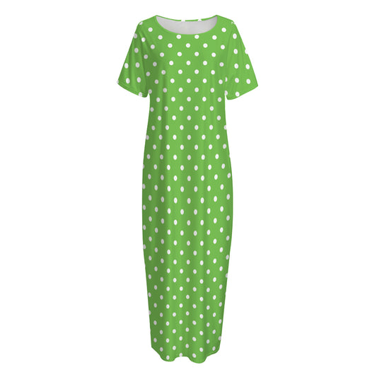 Lime Green And White Polka Dot Print Short Sleeve Long Nightdress