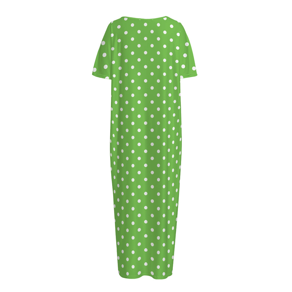 Lime Green And White Polka Dot Print Short Sleeve Long Nightdress