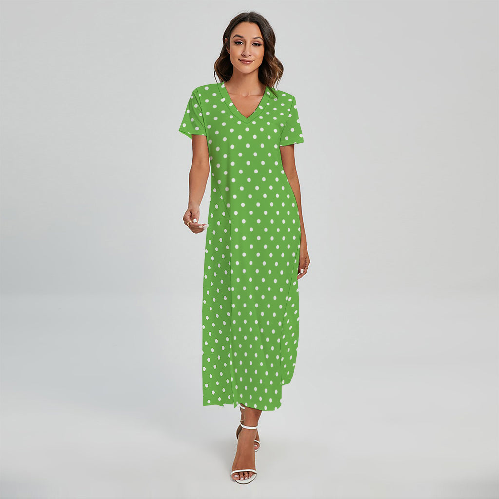 Lime Green And White Polka Dot Print Short Sleeve Maxi Dress
