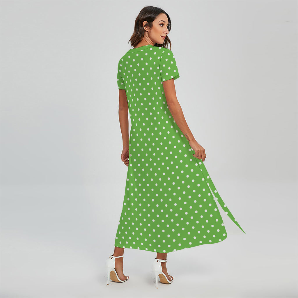 Lime Green And White Polka Dot Print Short Sleeve Maxi Dress