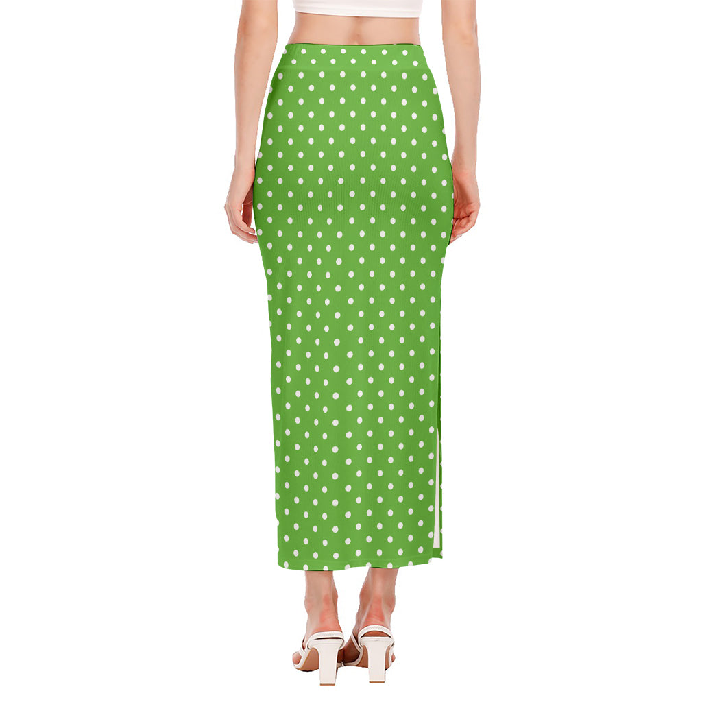 Lime Green And White Polka Dot Print Side Slit Maxi Skirt