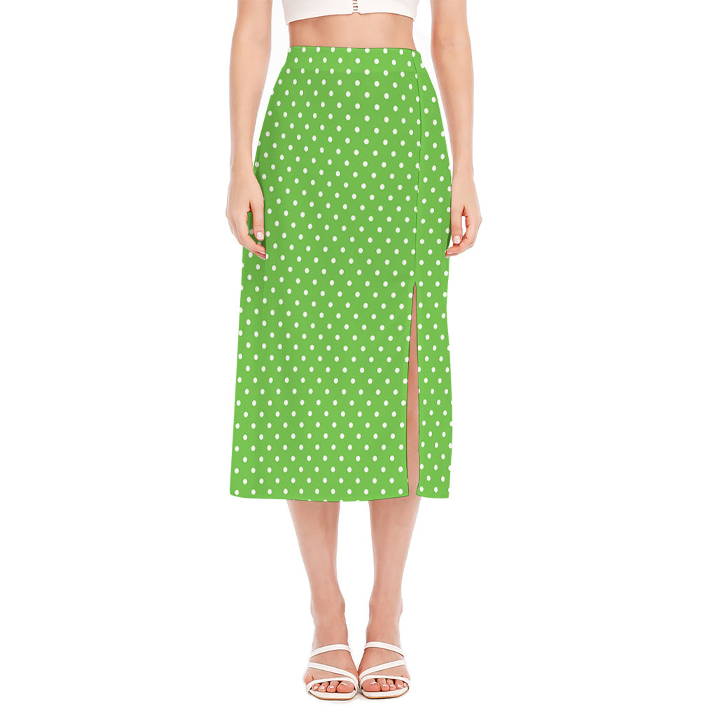 Lime Green And White Polka Dot Print Side Slit Midi Skirt