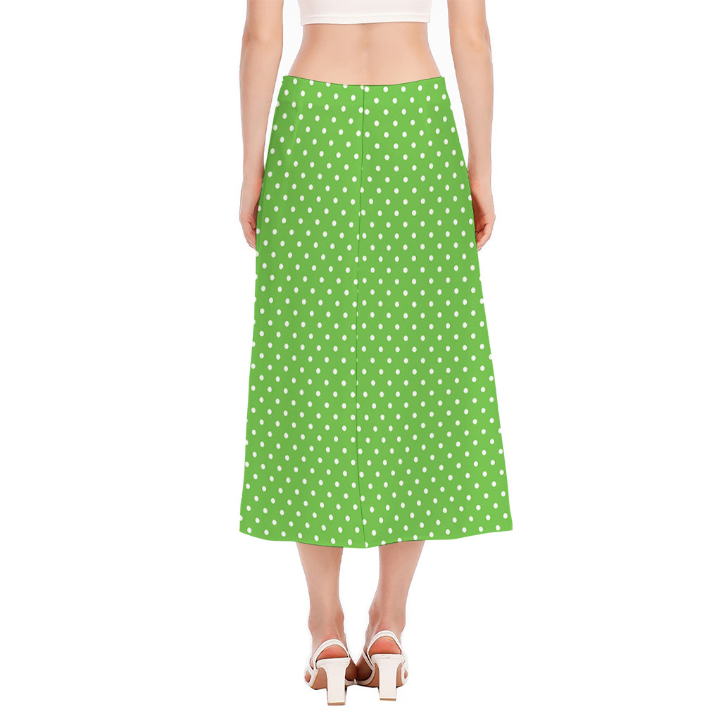 Lime Green And White Polka Dot Print Side Slit Midi Skirt