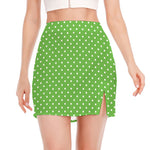 Lime Green And White Polka Dot Print Side Slit Mini Skirt