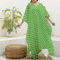 Lime Green And White Polka Dot Print Silk V-Neck Kaftan Dress