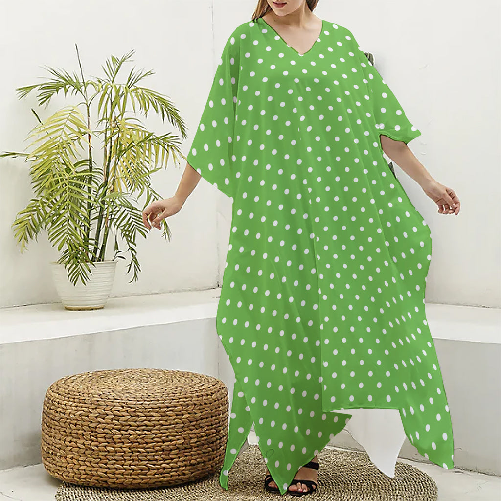 Lime Green And White Polka Dot Print Silk V-Neck Kaftan Dress